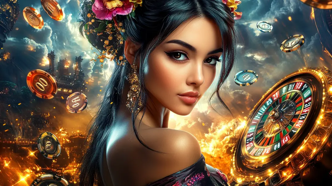 A beautiful woman with flowers in her hair is surrounded by floating coins and a roulette wheel, capturing the elegance and big winning potential of live casino games at3333BAT.