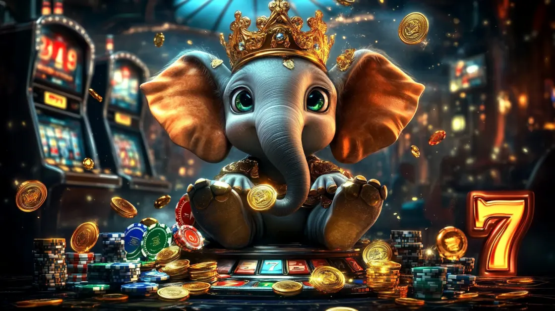 A cute baby elephant wearing a crown sits amidst piles of gold coins, with a lucky number 7 glowing nearby, highlighting the fun and rewarding games for everyone at3333BAT.