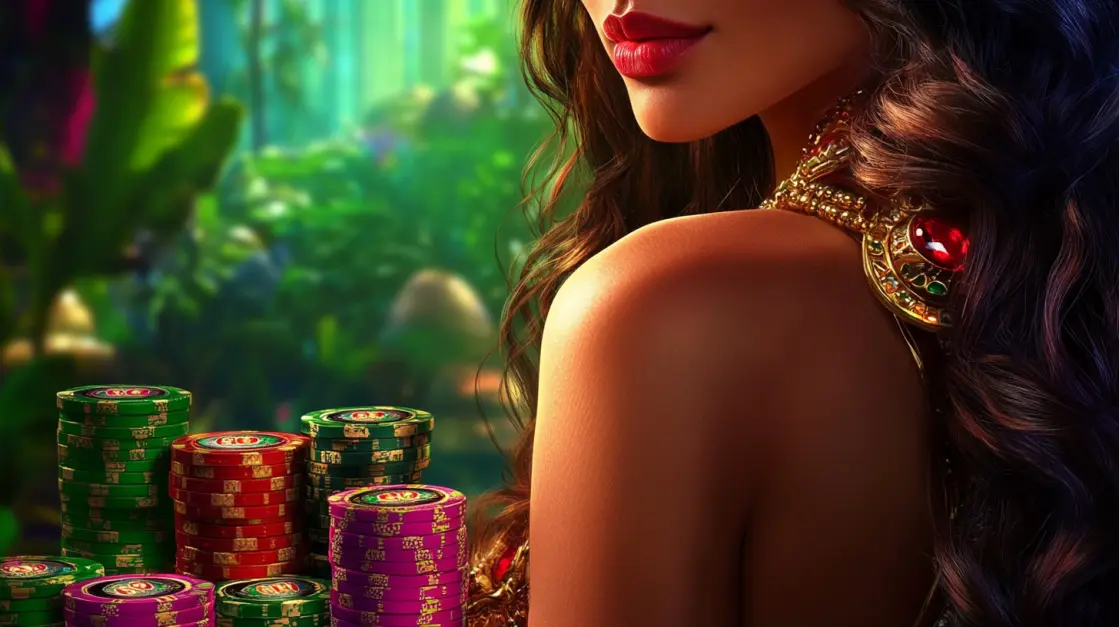 A woman stands next to colorful stacks of poker chips in a lush jungle setting, representing the exotic themes and big pots you can win in the poker rooms at3333BAT.