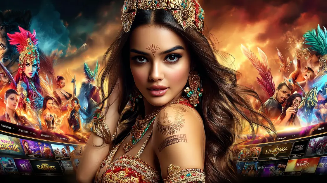 A regal woman adorned with a crown and intricate jewelry is surrounded by screens of cheering fans, showcasing the royal treatment and exciting betting on the3333BAT platform.