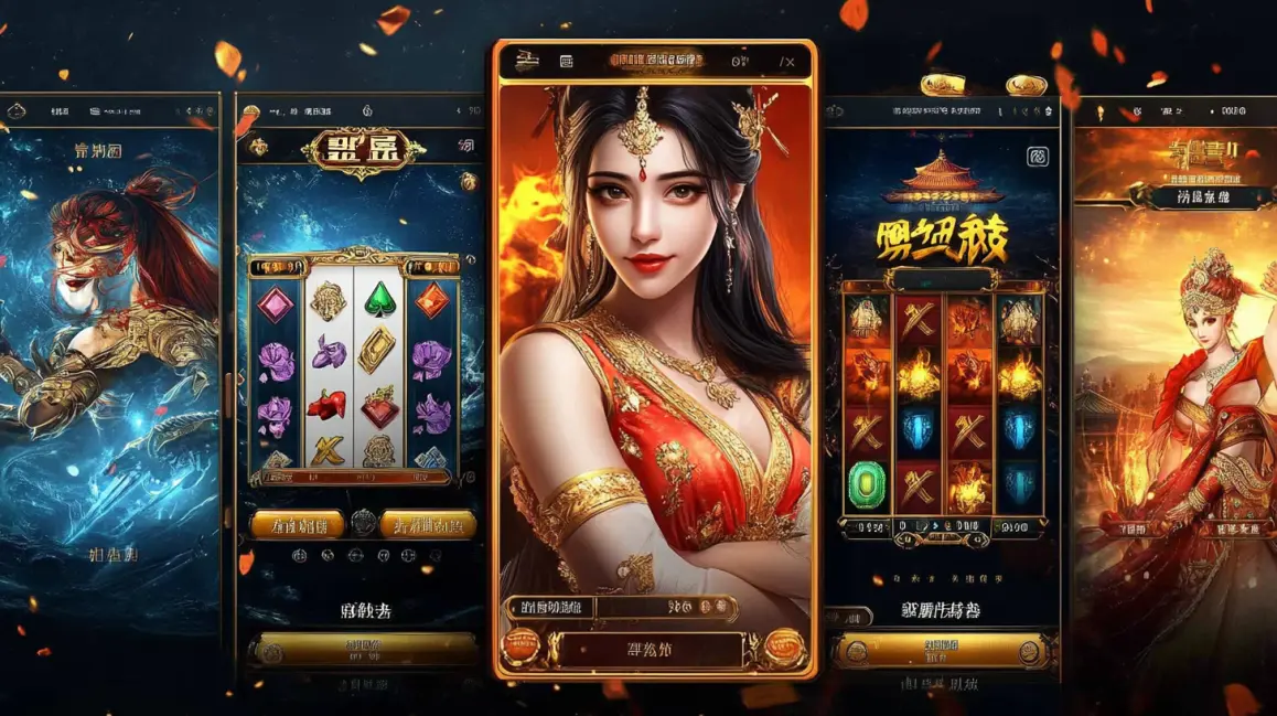 Multiple mobile screens display the stunning characters and fiery gameplay of a popular Asian-themed slot game, a premium gaming experience available only at3333BAT.