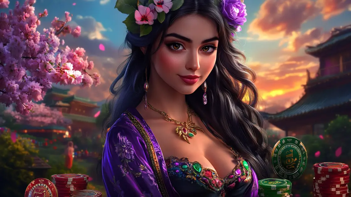 A woman with flowers in her hair stands in a serene Asian garden with casino chips, representing the beautiful and tranquil gaming experience you can find at3333BAT.