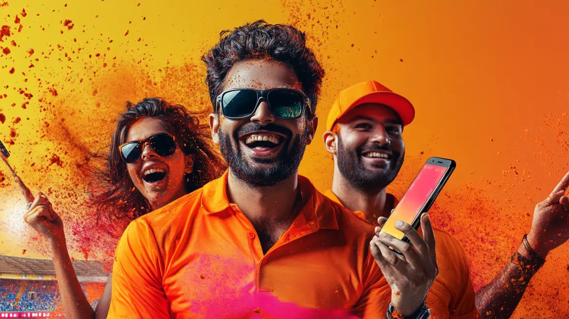 A group of excited friends in sunglasses celebrates with colorful powder, showing the social fun and excitement of using the3333BAT mobile app with your crew.