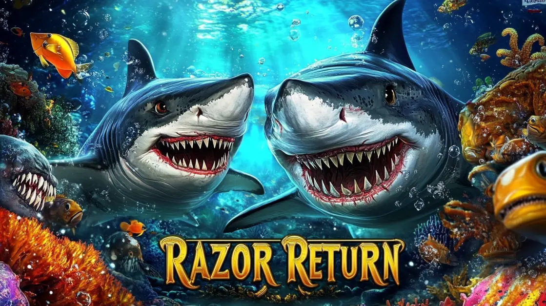 Menacing sharks swim through the deep sea in the 'Razor Return' slot game, offering a thrilling underwater adventure with sharp graphics and huge treasures for brave3333BAT players.