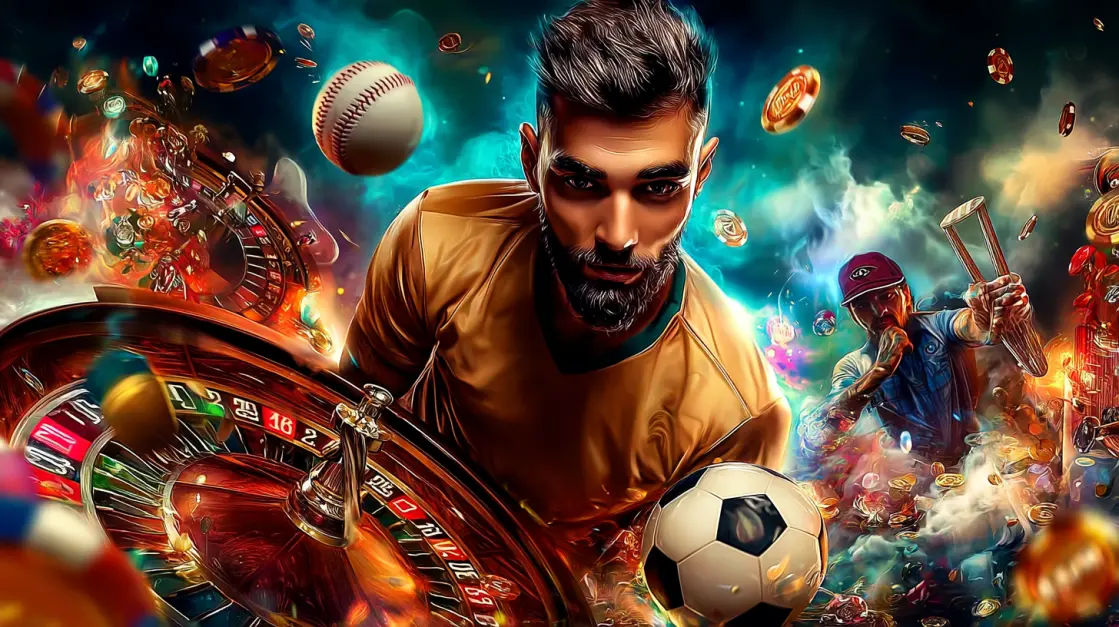 A dynamic collage of a male athlete, a roulette wheel, and sports balls captures the all-in-one excitement of sports betting and casino gaming you get at3333BAT.