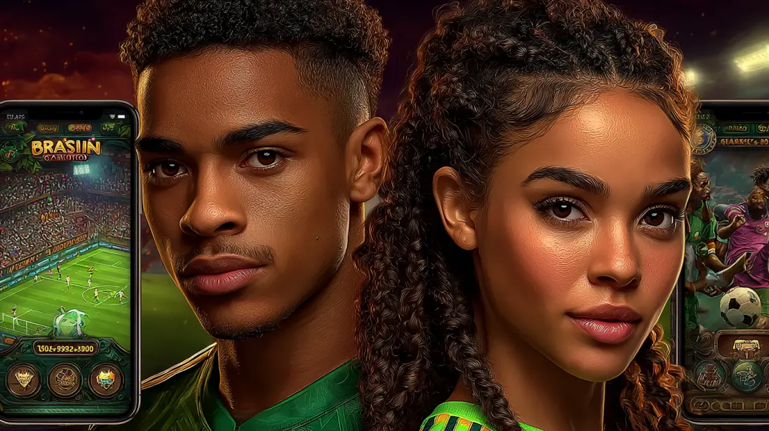 An attractive couple gets ready to bet on Brazilian football using their smartphones, highlighting the fun and social experience of sports betting with the3333BAT app.