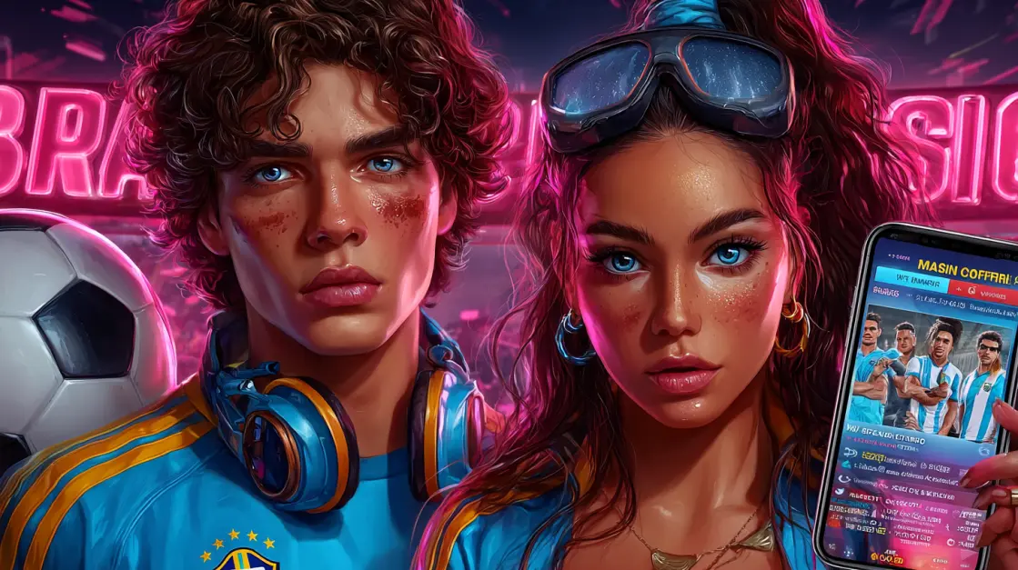 A stylish couple with headphones and a soccer ball uses the3333BAT mobile app to bet on their favorite teams, combining their passion for sports and gaming.