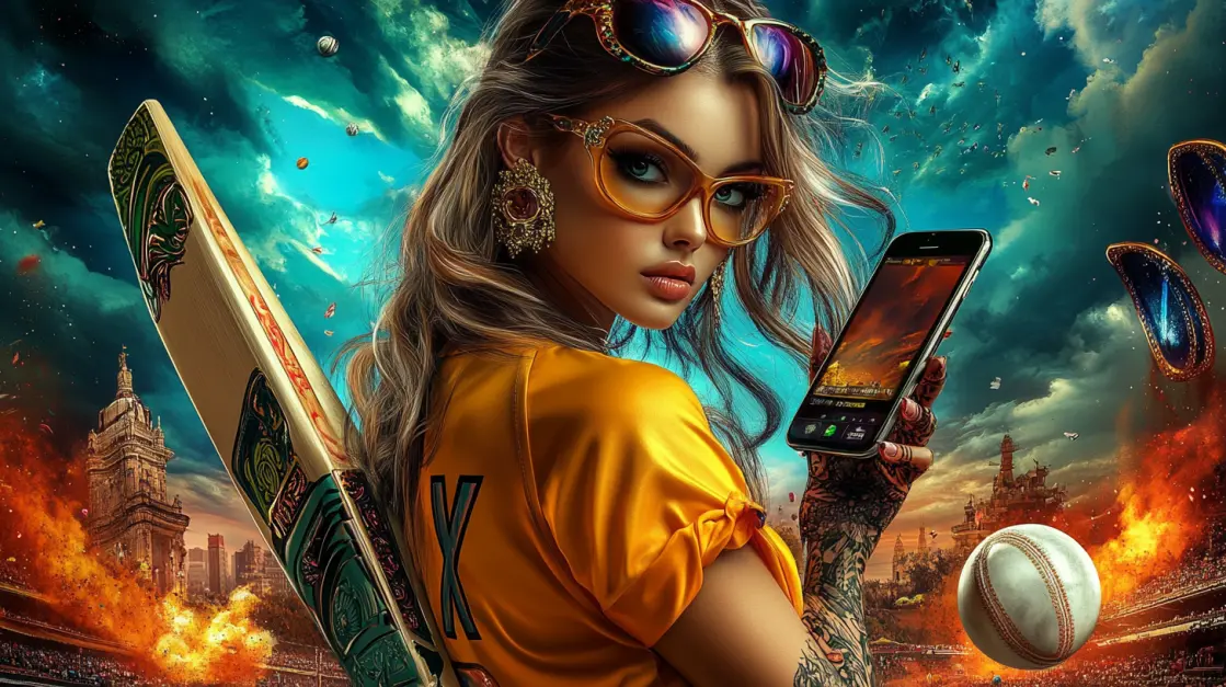 A stylish woman with a cricket bat and ball uses her phone to place bets on a match, showcasing the exciting and modern way to engage with the sport at3333BAT.
