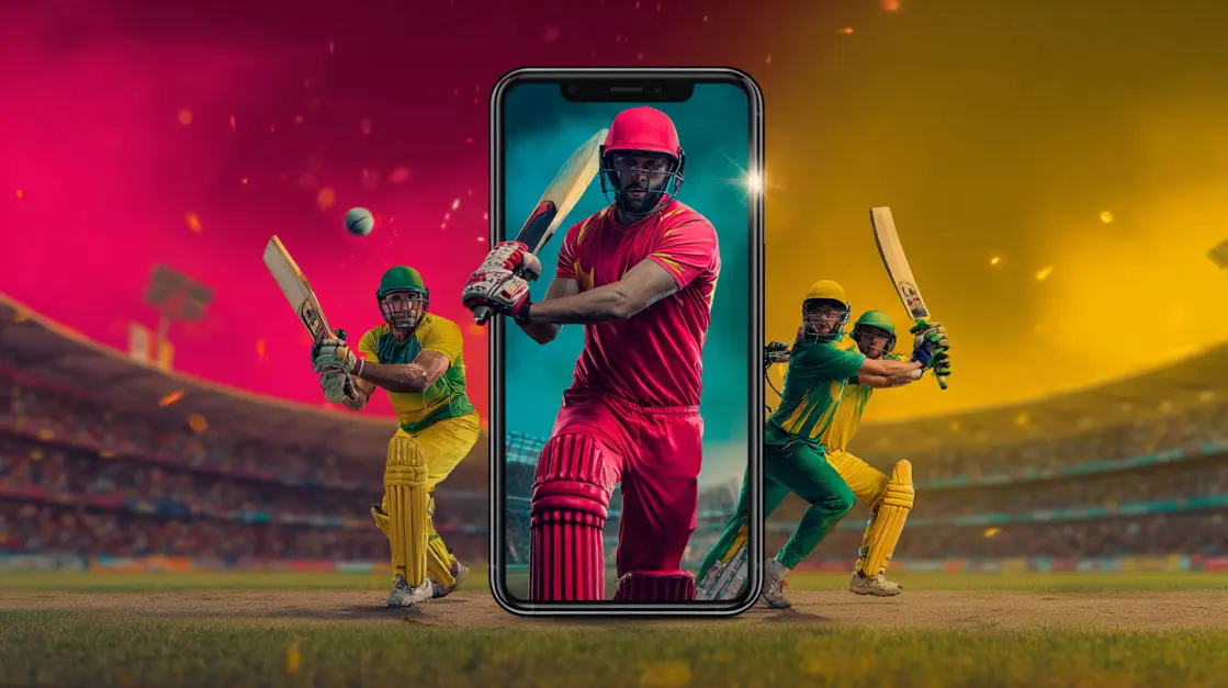 Cricket players come to life on a smartphone screen, showcasing the immersive and action-packed experience of live mobile cricket betting available at3333BAT.