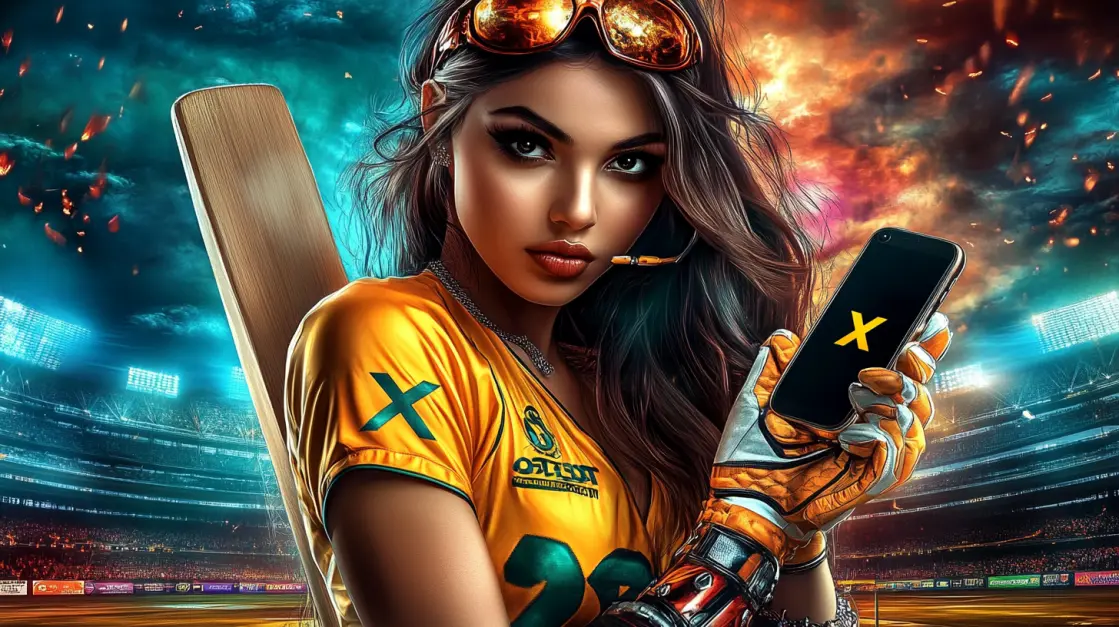 A female cricket player in full gear uses her phone to bet on a match, showing that everyone can get in on the action with the easy-to-use3333BAT sports betting app.