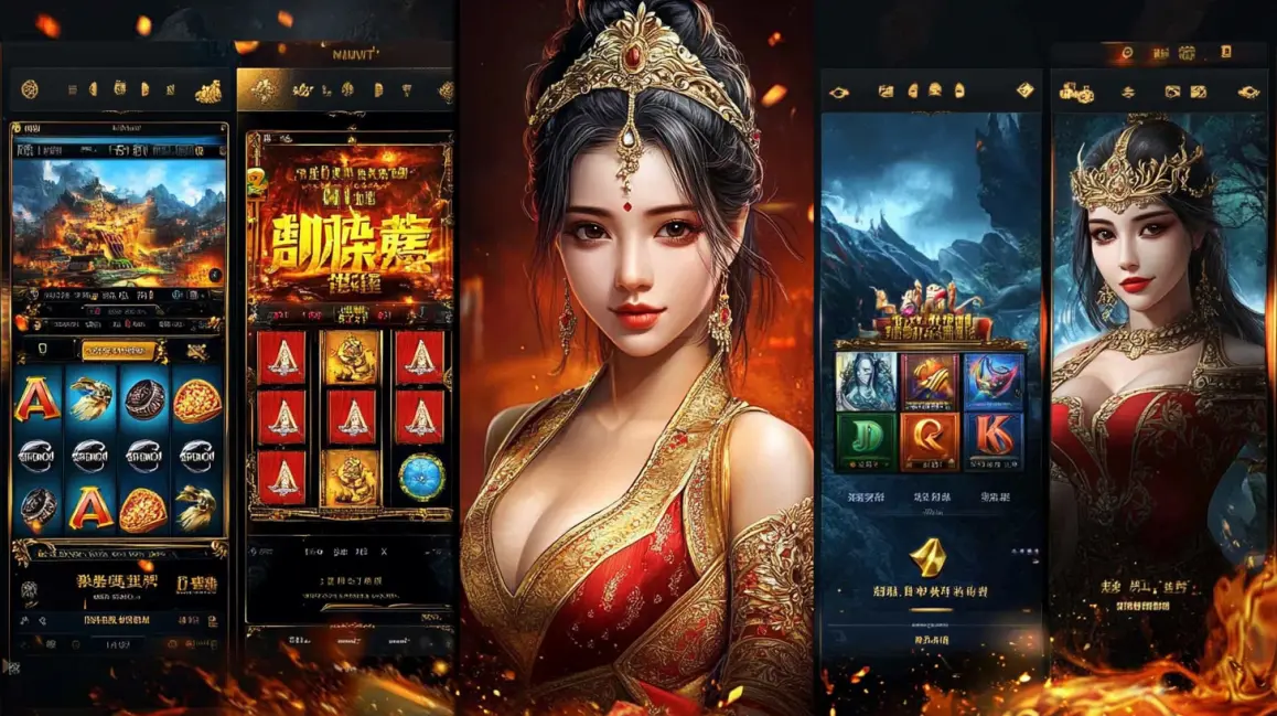 Various screens show an epic Asian-themed slot game, featuring beautiful princesses and fiery graphics, all part of the premium mobile gaming library at3333BAT.