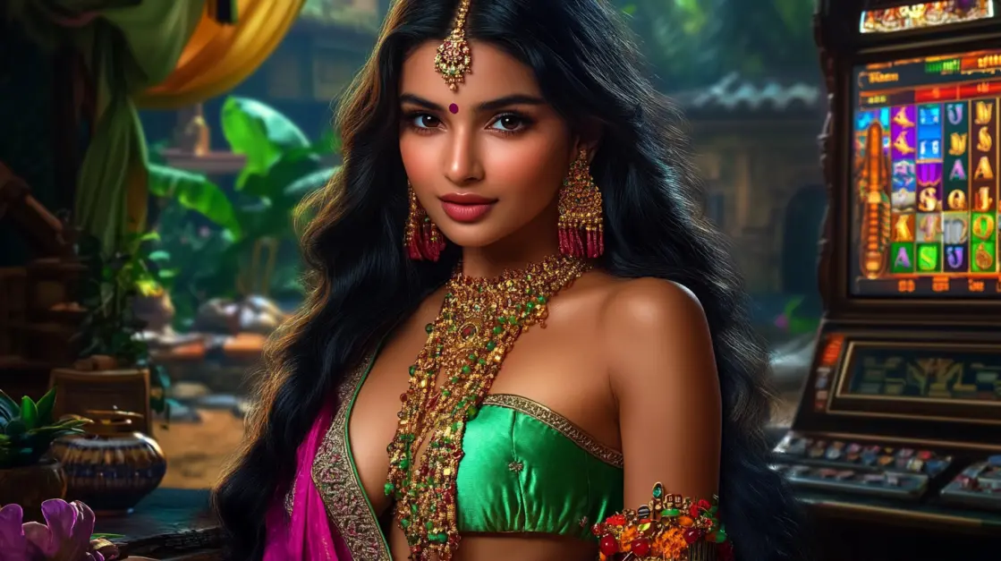 A woman in stunning traditional Indian attire stands next to a slot machine, inviting you to explore the rich culture and vibrant wins in the Indian-themed games at3333BAT.