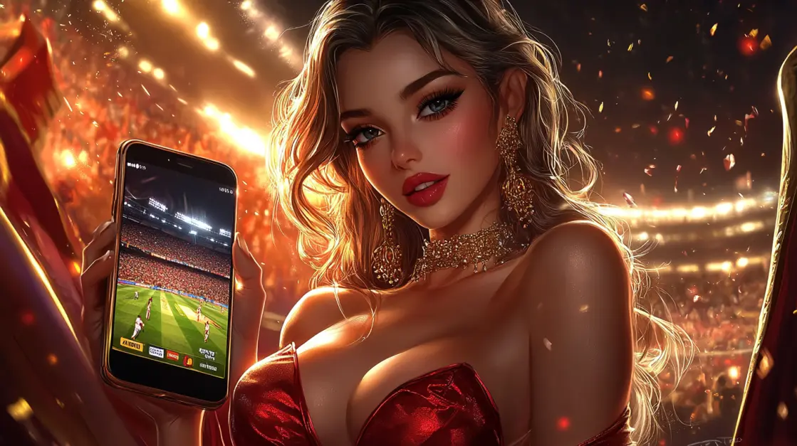 A beautiful woman at a live sports event holds a phone showing a cricket match, highlighting the exciting in-play betting opportunities available on the3333BAT mobile app.
