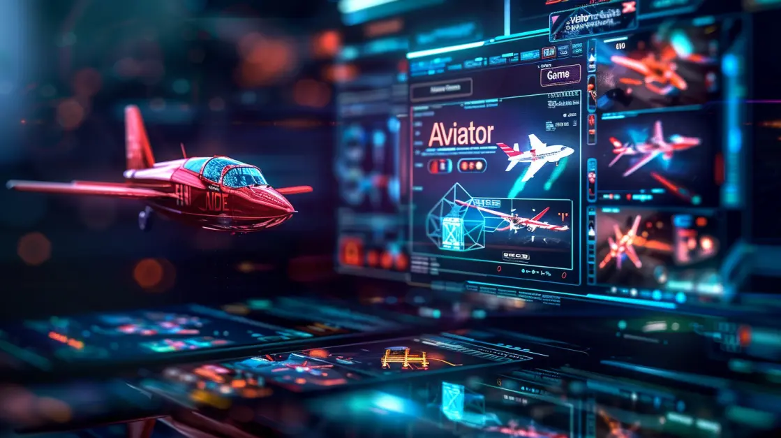 A red plane flies across a high-tech interface for the 'Aviator' game, showcasing the futuristic and engaging experience of playing this popular crash game at3333BAT.