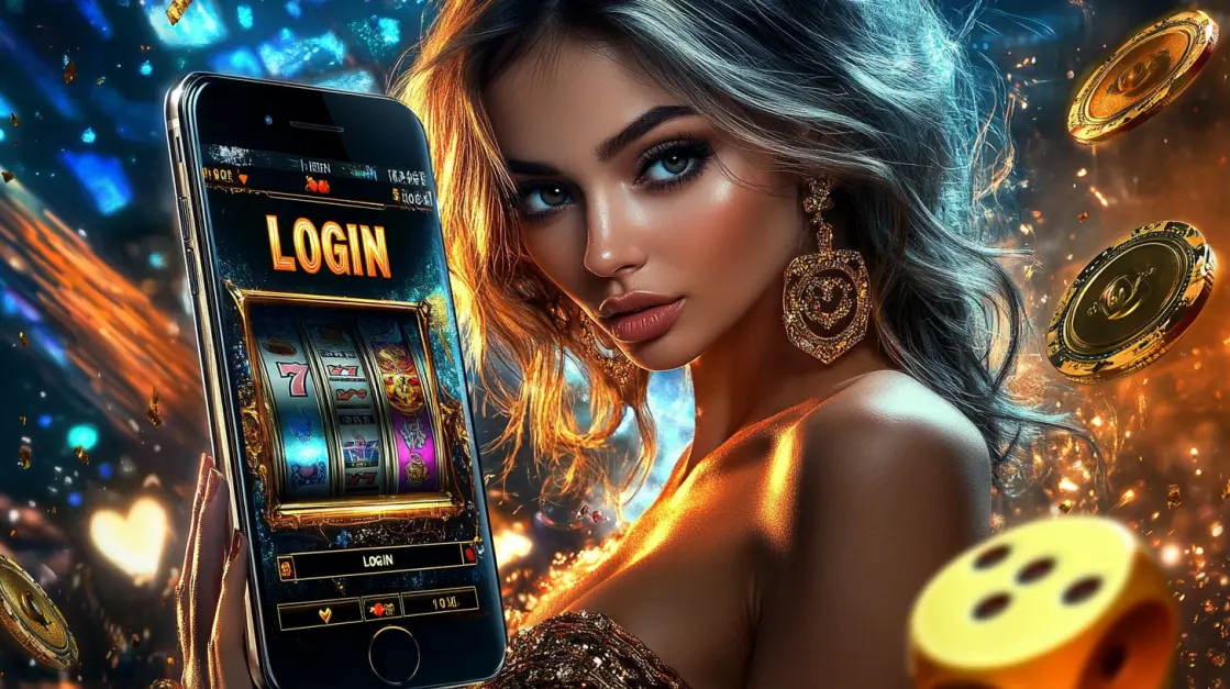 A stunning woman holds up a smartphone with the3333BAT login screen for a mobile slot game, with dice and gold coins floating around her, inviting you to a world of lucky wins.