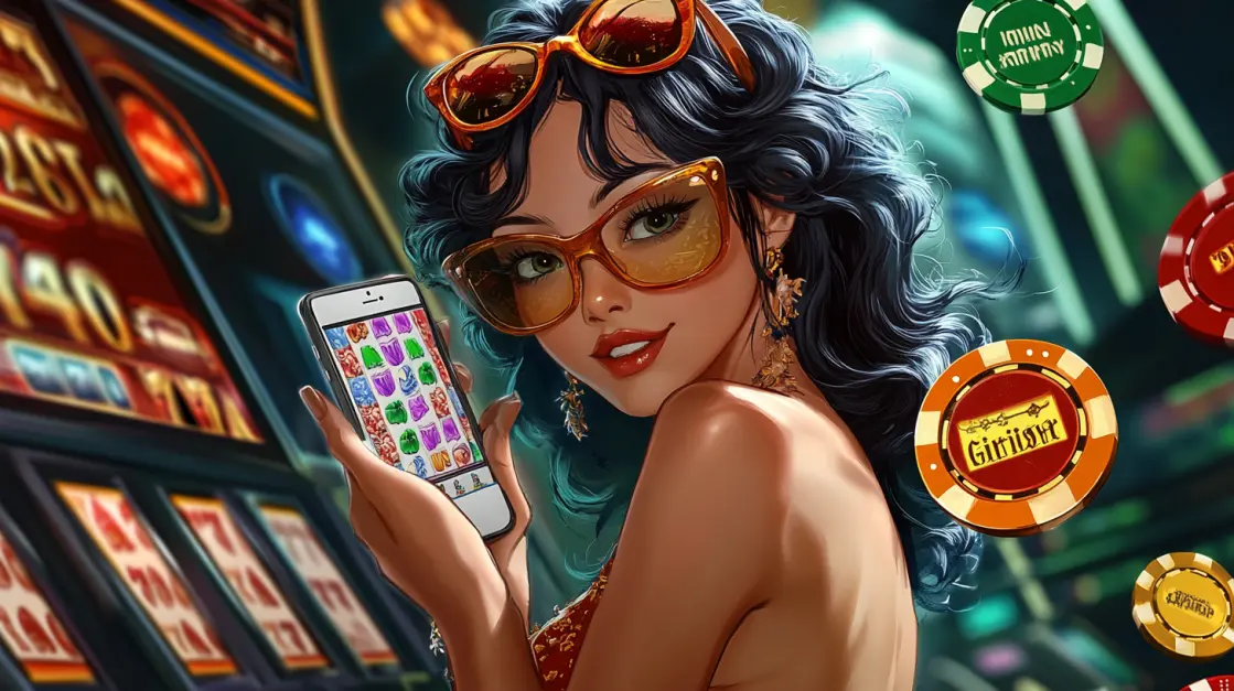 A stylish woman with sunglasses enjoys playing a colorful gem-matching slot game on her mobile phone, showcasing the fun and easy-to-play games available on the3333BAT app.