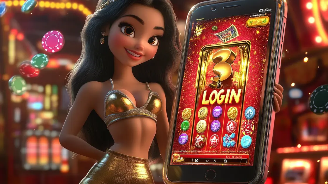 An animated princess in a golden outfit holds up a phone with a huge login button, inviting you to sign in to the magical world of fun and rewarding slots at3333BAT.