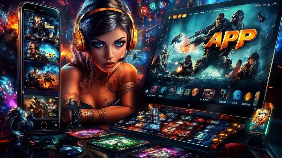 A female gamer is immersed in an action-packed shooter game, playing on both her phone and laptop, showcasing the cross-platform e-sports and gaming available at3333BAT.