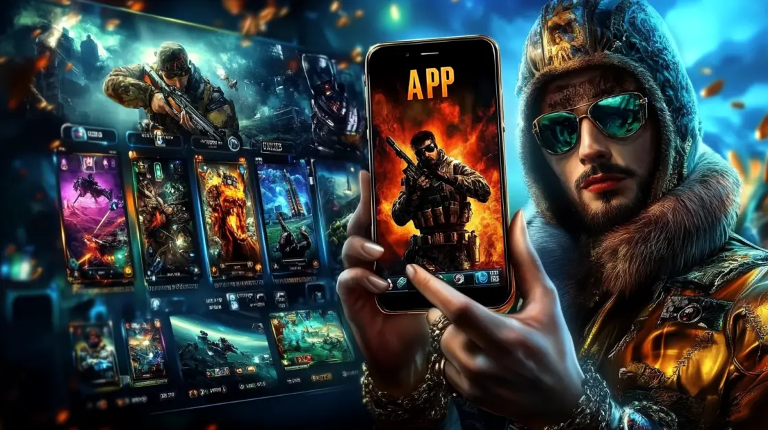 A stylish man browses an action-packed shooter game on the3333BAT app, highlighting the huge selection of e-sports and action games you can bet on with your mobile device.